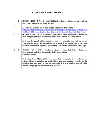 EXERCÍCIOS SOBRE “DO CRIME”
E
1 (CESPE - 2007 - DPU - Defensor Público) - Julgue os itens a seguir, relativos
aos crimes militares em tempo de paz.
O CPM, assim como o CP, não tipifica o crime de dano culposo.
http://questoesdeconcursos.com.br/pesquisar?te=&og=2&in=&an=&cg=&es=&md=2&di
=203&ss=7433&ni=&ar=&at=&cd=&pv=&tg=&mc=&rs=&rc=&ri=&pp=5&dt=&bt=Filtrar
C 2 (CESPE - 2004 - STM - Analista Judiciário - Área Judiciária) - Julgue os
itens a seguir, relativos à aplicação da lei penal militar e a crime militar.
A legislação penal militar admite o uso, em situação especial, de meios
violentos por parte do comandante para compelir os subalternos a executar
serviços e manobras urgentes, para evitar o desânimo, a desordem ou o saque.
E 3 (CESPE - 2004 - STM - Analista Judiciário - Área Judiciária) - Julgue os
itens a seguir, relativos à aplicação da lei penal militar
e a crime militar.
O Código Penal Militar (CPM), ao estabelecer a relação de causalidade no
crime, adotou o princípio da equivalência dos antecedentes causais, ou da
conditio sine qua non, o qual se contrapõe à teoria monista adotada pelo
mesmo código quanto ao concurso de pessoas.
 
