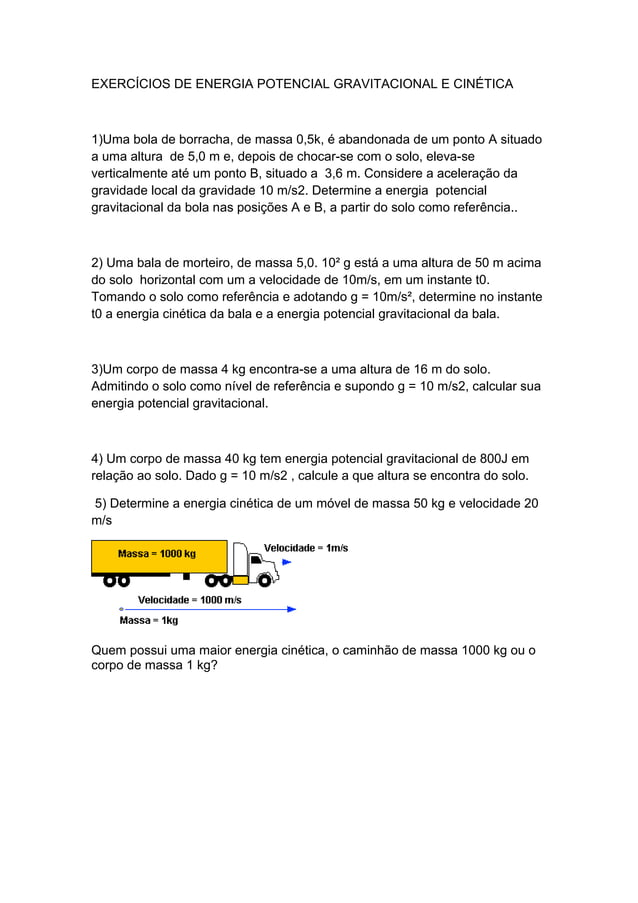 Exercícios de energia potencial gravitacional e cinética | DOC ...