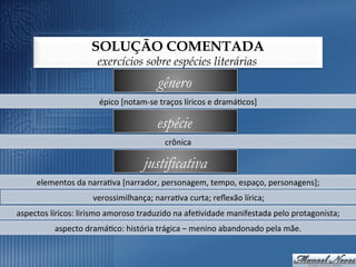 SOLUÇÃO COMENTADA
                             exercícios sobre espécies literárias
                                                     gênero
                              épico	
  [notam-­‐se	
  traços	
  líricos	
  e	
  dramá9cos]	
  

                                                     espécie
                                                        crônica	
  

                                               justificativa
       elementos	
  da	
  narra9va	
  [narrador,	
  personagem,	
  tempo,	
  espaço,	
  personagens];	
  
                            verossimilhança;	
  narra9va	
  curta;	
  reﬂexão	
  lírica;	
  
aspectos	
  líricos:	
  lirismo	
  amoroso	
  traduzido	
  na	
  afe9vidade	
  manifestada	
  pelo	
  protagonista;	
  
              aspecto	
  dramá9co:	
  história	
  trágica	
  –	
  menino	
  abandonado	
  pela	
  mãe.	
  
 