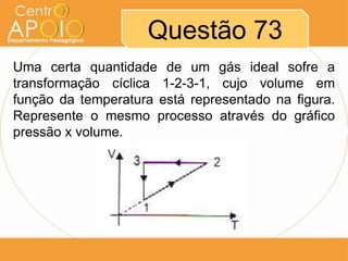 Questão 73
Uma certa quantidade de um gás ideal sofre a
transformação cíclica 1-2-3-1, cujo volume em
função da temperatura está representado na figura.
Represente o mesmo processo através do gráfico
pressão x volume.
 