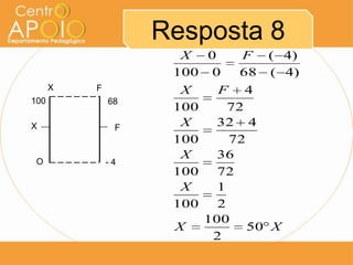 Resposta 8
X F
- 4
FX
O
68100
XX
X
X
X
FX
FX
50
2
100
2
1
100
72
36
100
72
432
100
72
4
100
)4(68
)4(
0100
0
 