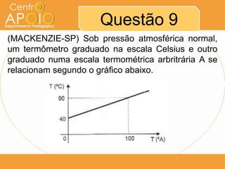 Questão 9
(MACKENZIE-SP) Sob pressão atmosférica normal,
um termômetro graduado na escala Celsius e outro
graduado numa escala termométrica arbritrária A se
relacionam segundo o gráfico abaixo.
 