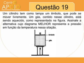 Questão 19
Um cilindro tem como tampa um êmbolo, que pode se
mover livremente. Um gás, contido nesse cilindro, está
sendo aquecido, como representado na figura. Assinale a
alternativa cujo diagrama MELHOR representa a pressão
em função da temperatura nessa sitação.
 