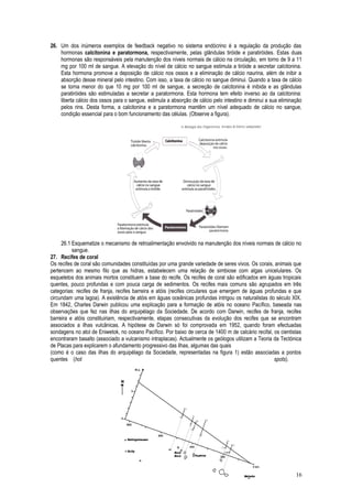 26. Um dos inúmeros exemplos de feedback negativo no sistema endócrino é a regulação da produção das
hormonas calcitonina e paratormona, respectivamente, pelas glândulas tiróide e paratiróides. Estas duas
hormonas são responsáveis pela manutenção dos níveis normais de cálcio na circulação, em torno de 9 a 11
mg por 100 ml de sangue. A elevação do nível de cálcio no sangue estimula a tiróide a secretar calcitonina.
Esta hormona promove a deposição de cálcio nos ossos e a eliminação de cálcio naurina, além de inibir a
absorção desse mineral pelo intestino. Com isso, a taxa de cálcio no sangue diminui. Quando a taxa de cálcio
se torna menor do que 10 mg por 100 ml de sangue, a secreção de calcitonina é inibida e as glândulas
paratiróides são estimuladas a secretar a paratormona. Esta hormona tem efeito inverso ao da calcitonina:
liberta cálcio dos ossos para o sangue, estimula a absorção de cálcio pelo intestino e diminui a sua eliminação
pelos rins. Desta forma, a calcitonina e a paratormona mantêm um nível adequado de cálcio no sangue,
condição essencial para o bom funcionamento das células. (Observe a figura).
26.1 Esquematize o mecanismo de retroalimentação envolvido na manutenção dos níveis normais de cálcio no
sangue.
27. Recifes de coral
Os recifes de coral são comunidades constituídas por uma grande variedade de seres vivos. Os corais, animais que
pertencem ao mesmo filo que as hidras, estabelecem uma relação de simbiose com algas unicelulares. Os
esqueletos dos animais mortos constituem a base do recife. Os recifes de coral são edificados em águas tropicais
quentes, pouco profundas e com pouca carga de sedimentos. Os recifes mais comuns são agrupados em três
categorias: recifes de franja, recifes barreira e atóis (recifes circulares que emergem de águas profundas e que
circundam uma lagoa). A existência de atóis em águas oceânicas profundas intrigou os naturalistas do século XIX.
Em 1842, Charles Darwin publicou uma explicação para a formação de atóis no oceano Pacífico, baseada nas
observações que fez nas ilhas do arquipélago da Sociedade. De acordo com Darwin, recifes de franja, recifes
barreira e atóis constituiriam, respectivamente, etapas consecutivas da evolução dos recifes que se encontram
associados a ilhas vulcânicas. A hipótese de Darwin só foi comprovada em 1952, quando foram efectuadas
sondagens no atol de Eniwetok, no oceano Pacífico. Por baixo de cerca de 1400 m de calcário recifal, os cientistas
encontraram basalto (associado a vulcanismo intraplacas). Actualmente os geólogos utilizam a Teoria da Tectónica
de Placas para explicarem o afundamento progressivo das ilhas, algumas das quais
(como é o caso das ilhas do arquipélago da Sociedade, representadas na figura 1) estão associadas a pontos
quentes (hot spots).
16
 