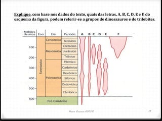 Explique, com base nos dados do texto, quais das letras, A, B, C, D, E e F, do
esquema da figura, podem referir-se a grupos de dinossauros e de trilobites.




                              Nuno Correia 2011/12                        19
 