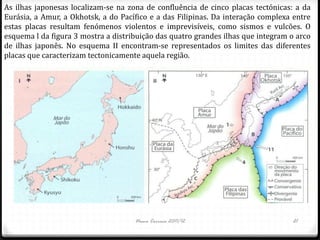 As ilhas japonesas localizam-se na zona de confluência de cinco placas tectónicas: a da
Eurásia, a Amur, a Okhotsk, a do Pacífico e a das Filipinas. Da interação complexa entre
estas placas resultam fenómenos violentos e imprevisíveis, como sismos e vulcões. O
esquema l da figura 3 mostra a distribuição das quatro grandes ilhas que integram o arco
de ilhas japonês. No esquema II encontram-se representados os limites das diferentes
placas que caracterizam tectonicamente aquela região.




                                     Nuno Correia 2011/12                         21
 