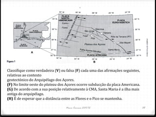 Classifique como verdadeira (V) ou falsa (F) cada uma das afirmações seguintes,
relativas ao contexto
geotectónico do Arquipélago dos Açores.
(F) No limite oeste do plateau dos Açores ocorre subducção da placa Americana.
(G) De acordo com a sua posição relativamente à CMA, Santa Maria é a ilha mais
antiga do arquipélago.
(H) É de esperar que a distância entre as Flores e o Pico se mantenha.

                                  Nuno Correia 2011/12                            38
 