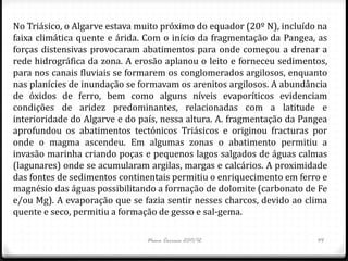 No Triásico, o Algarve estava muito próximo do equador (20º N), incluído na
faixa climática quente e árida. Com o início da fragmentação da Pangea, as
forças distensivas provocaram abatimentos para onde começou a drenar a
rede hidrográfica da zona. A erosão aplanou o leito e forneceu sedimentos,
para nos canais fluviais se formarem os conglomerados argilosos, enquanto
nas planícies de inundação se formavam os arenitos argilosos. A abundância
de óxidos de ferro, bem como alguns níveis evaporíticos evidenciam
condições de aridez predominantes, relacionadas com a latitude e
interioridade do Algarve e do país, nessa altura. A. fragmentação da Pangea
aprofundou os abatimentos tectónicos Triásicos e originou fracturas por
onde o magma ascendeu. Em algumas zonas o abatimento permitiu a
invasão marinha criando poças e pequenos lagos salgados de águas calmas
(lagunares) onde se acumularam argilas, margas e calcários. A proximidade
das fontes de sedimentos continentais permitiu o enriquecimento em ferro e
magnésio das águas possibilitando a formação de dolomite (carbonato de Fe
e/ou Mg). A evaporação que se fazia sentir nesses charcos, devido ao clima
quente e seco, permitiu a formação de gesso e sal-gema.

                               Nuno Correia 2011/12                     44
 