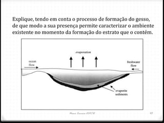 Explique, tendo em conta o processo de formação do gesso,
de que modo a sua presença permite caracterizar o ambiente
existente no momento da formação do estrato que o contém.




                       Nuno Correia 2011/12             45
 