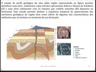 O estudo do perfil geológico de uma dada região representado na figura permite
identificar uma série sedimentar cujos estratos apresentam dobras e fósseis de trilobites
(A) e uma série sedimentar com os estratos que contêm amonites (B) dispostos na
horizontal. Este estudo permite deduzir a sequência temporal de aparecimento das
estruturas geológicas da região bem como inferir de algumas das características dos
ambientes que aí existiam no momento da sua formação.




                                      Nuno Correia 2011/12                          8
 