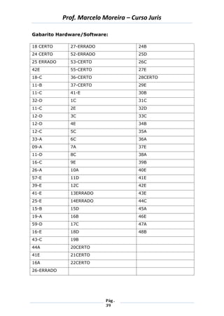 Prof. Marcelo Moreira – Curso Juris 
Pág . 
39 
Gabarito Hardware/Software: 
18 CERTO 
27-ERRADO 
24B 
24 CERTO 
52-ERRADO 
25D 
25 ERRADO 
53-CERTO 
26C 
42E 
55-CERTO 
27E 
18-C 
36-CERTO 
28CERTO 
11-B 
37-CERTO 
29E 
11-C 
41-E 
30B 
32-D 
1C 
31C 
11-C 
2E 
32D 
12-D 
3C 
33C 
12-D 
4E 
34B 
12-C 
5C 
35A 
33-A 
6C 
36A 
09-A 
7A 
37E 
11-D 
8C 
38A 
16-C 
9E 
39B 
26-A 
10A 
40E 
57-E 
11D 
41E 
39-E 
12C 
42E 
41-E 
13ERRADO 
43E 
25-E 
14ERRADO 
44C 
15-B 
15D 
45A 
19-A 
16B 
46E 
59-D 
17C 
47A 
16-E 
18D 
48B 
43-C 
19B 
44A 
20CERTO 
41E 
21CERTO 
16A 
22CERTO 
26-ERRADO 
