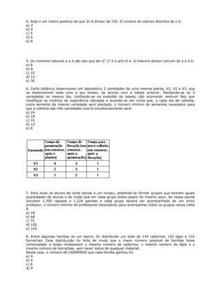 4. Seja n um inteiro positivo tal que 2n é divisor de 150. O número de valores distintos de n é:
a) 3
b) 4
c) 5
d) 6
e) 8
5. Os números naturais a e b são tais que ab=23
.32
.5 e a/b=0,4. O máximo divisor comum de a e b é:
a) 6
b) 8
c) 10
d) 12
e) 30
6. Certo botânico desenvolveu em laboratório 3 variedades de uma mesma planta, V1, V2 e V3, que
se desenvolvem cada uma a seu tempo, de acordo com a tabela anterior. Plantando-se as 3
variedades no mesmo dia, confiando-se na exatidão da tabela, não ocorrendo nenhum fato que
modifique os critérios da experiência tabulada e levando-se em conta que, a cada dia de colheita,
outra semente da mesma variedade será plantada, o número mínimo de sementes necessário para
que a colheita das três variedades ocorra simultaneamente será:
a) 24
b) 18
c) 16
d) 12
e) 8
7. Para levar os alunos de certa escola a um museu, pretende-se formar grupos que tenham iguais
quantidades de alunos e de modo que em cada grupo todos sejam do mesmo sexo. Se nessa escola
estudam 1.350 rapazes e 1.224 garotas e cada grupo deverá ser acompanhado de um único
professor, o número mínimo de professores necessários para acompanhar todos os grupos nessa visita
é:
a) 18
b) 68
c) 75
d) 126
e) 143
8. Entre algumas famílias de um bairro, foi distribuído um total de 144 cadernos, 192 lápis e 216
borrachas. Essa distribuição foi feita de modo que o maior número possível de famílias fosse
contemplado e todas recebessem o mesmo número de cadernos, o mesmo número de lápis e o
mesmo número de borrachas, sem haver sobra de qualquer material.
Nesse caso, o número de CADERNOS que cada família ganhou foi
a) 4
b) 6
c) 8
d) 9
 