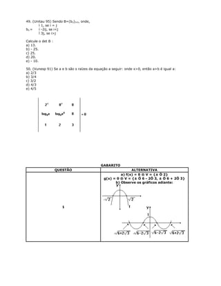 49. (Unitau 95) Sendo B=(bij)2x2, onde,
ì 1, se i = j
bij = í -2ij, se i<j
î 3j, se i>j
Calcule o det B :
a) 13.
b) - 25.
c) 25.
d) 20.
e) - 10.
50. (Vunesp 91) Se a e b são s raízes da equação a seguir: onde x>0, então a+b é igual a:
a) 2/3
b) 3/4
c) 3/2
d) 4/3
e) 4/5
GABARITO
QUESTÃO ALTERNATIVA
1
a) f(x) = 0 ® V = {± Ö 2}
g(x) = 0 ® V = {± Ö 6 - 2Ö 3, ± Ö 6 + 2Ö 3}
b) Observe os gráficos adiante:
 