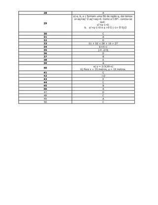 28 A
29
a) a, b, e c formam uma PG de razão q, daí temos:
a<aq+aq2
Û aq2
+aq>0. Como a Î IR*+ conclui-se
que:
q2
+q-1>0.
b. q2
+q-1>0 e q >0 Û (-1+ Ö 5)/2
30 C
31 A
32 D
33 01 + 02 + 08 + 16 = 27
34 6<X<1
35 ]-¥ ,2/3[
36 D
37 B
38 E
39 A
40
a) y = 2/3(30-x)
b) Para x = 15 metros, y = 10 metros.
41 C
42 -12
43 E
44 C
45 B
46 A
47 D
48 C
49 A
50 C
 
