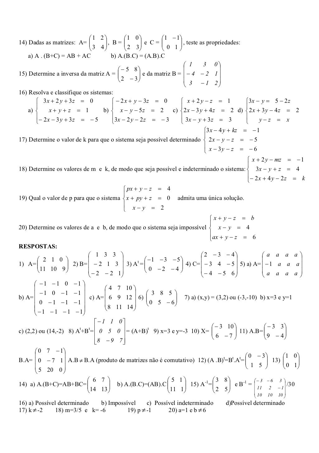 Lista De Exercícios Sobre Matrizes E Determinantes
