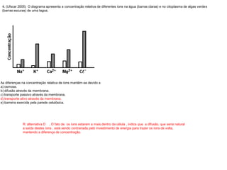 4. (Ufscar 2005) O diagrama apresenta a concentração relativa de diferentes íons na água (barras claras) e no citoplasma de algas verdes
(barras escuras) de uma lagoa.
As diferenças na concentração relativa de íons mantêm-se devido a
a) osmose.
b) difusão através da membrana.
c) transporte passivo através da membrana.
d) transporte ativo através da membrana.
e) barreira exercida pela parede celulósica.
R: alternativa D . O fato de os íons estarem a mais dentro da célula , indica que a difusão, que seria natural
a saída destes íons , está sendo contrariada pelo investimento de energia para trazer os íons de volta,
mantendo a diferença de concentração.
 