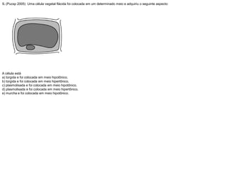 9. (Pucsp 2005) Uma célula vegetal flácida foi colocada em um determinado meio e adquiriu o seguinte aspecto:
A célula está
a) túrgida e foi colocada em meio hipotônico.
b) túrgida e foi colocada em meio hipertônico.
c) plasmolisada e foi colocada em meio hipotônico.
d) plasmolisada e foi colocada em meio hipertônico.
e) murcha e foi colocada em meio hipotônico.
 