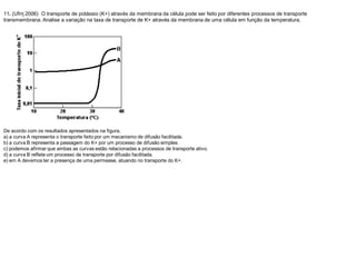 11. (Ufrrj 2006) O transporte de potássio (K+) através da membrana da célula pode ser feito por diferentes processos de transporte
transmembrana. Analise a variação na taxa de transporte de K+ através da membrana de uma célula em função da temperatura.
De acordo com os resultados apresentados na figura,
a) a curva A representa o transporte feito por um mecanismo de difusão facilitada.
b) a curva B representa a passagem do K+ por um processo de difusão simples.
c) podemos afirmar que ambas as curvas estão relacionadas a processos de transporte ativo.
d) a curva B reflete um processo de transporte por difusão facilitada.
e) em A devemos ter a presença de uma permease, atuando no transporte do K+.
 