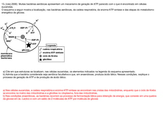 13. (Uerj 2006) Muitas bactérias aeróbicas apresentam um mecanismo de geração de ATP parecido com o que é encontrado em células
eucariotas.
O esquema a seguir mostra a localização, nas bactérias aeróbicas, da cadeia respiratória, da enzima ATP-sintase e das etapas do metabolismo
energético da glicose.
a) Cite em que estruturas se localizam, nas células eucariotas, os elementos indicados na legenda do esquema apresentado.
b) Admita que a bactéria considerada seja aeróbica facultativa e que, em anaerobiose, produza ácido lático. Nessas condições, explique o
processo de geração de ATP e de produção de ácido lático.
a) Nas células eucariotas, a cadeia respiratória e enzima ATP-sintase se encontram nas cristas das mitocôndrias, enquanto que o ciclo de Krebs
se encontra na matriz das mitocôndrias e a glicólise no citoplasma, fora das mitocôndrias.
b) Nas condições anaeróbicas, as bactérias recorrem ao processo de fermentação lática para obtenção de energia, que consiste em uma quebra
da glicose em ác. Lactico e com um saldo de 2 moléculas de ATP por molécula de glicose
 