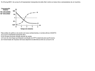 19. (Pucmg 2007) As curvas A e B representam transportes de sódio (Na+) entre os meios intra e extracelulares de um neurônio.
Pela análise do gráfico e de acordo com seus conhecimentos, é correto afirmar, EXCETO:
a) A curva A representa transporte ativo.
b) Em B está ocorrendo difusão através de canais.
c) O uso de uma droga que bloqueie a produção de ATP é essencial para que B ocorra.
d) A transmissão de impulsos nervosos depende da alternância entre as curvas A e B.
 