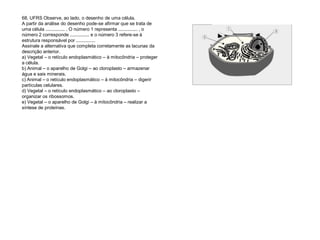 68. UFRS Observe, ao lado, o desenho de uma célula.
A partir da análise do desenho pode-se afirmar que se trata de
uma célula ............... . O número 1 representa ............... , o
número 2 corresponde ............... e o número 3 refere-se à
estrutura responsável por ...............
Assinale a alternativa que completa corretamente as lacunas da
descrição anterior.
a) Vegetal – o retículo endoplasmático – à mitocôndria – proteger
a célula.
b) Animal – o aparelho de Golgi – ao cloroplasto – armazenar
água e sais minerais.
c) Animal – o retículo endoplasmático – à mitocôndria – digerir
partículas celulares.
d) Vegetal – o retículo endoplasmático – ao cloroplasto –
organizar os ribossomos.
e) Vegetal – o aparelho de Golgi – à mitocôndria – realizar a
síntese de proteínas.
 