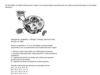 20. (Ufu 2005) O modelo tridimensional a seguir é uma representação esquemática de uma célula eucariota observada ao microscópio
eletrônico.
Adaptado de: LAURENCE, J. "Biologia". Citologia. São Paulo: Nova
Geração, v.2, 2002.
Associe as organelas 1, 2, 3 e 4, assinaladas na representação
esquemática, com as características e/ou funções descritas a seguir.
I - Estrutura celular relacionada com a fabricação de proteínas.
II - Estrutura responsável pelo "empacotamento" e pela secreção de
substâncias.
III - Organela abundante nos tecidos e/ou células que requerem
grande consumo de energia.
IV - Organela envolvida na redução da cauda dos girinos.
Assinale a alternativa que apresenta a associação correta.
a) 1 - I; 2 - II; 3 - IV; 4 - III.
b) 1 - III; 2 - IV; 3 - I; 4 - II.
c) 1 - II; 2 - IV; 3 - I; 4 - III.
d) 1 - IV; 2 - III; 3 - II; 4 - I.
 