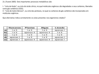 21. (Fuvest 2005) Dois importantes processos metabólicos são:
I - "ciclo de Krebs", ou ciclo do ácido cítrico, no qual moléculas orgânicas são degradadas e seus carbonos, liberados
como gás carbônico (CO2);
II - "ciclo de Calvin-Benson", ou ciclo das pentoses, no qual os carbonos do gás carbônico são incorporados em
moléculas orgânicas.
Que alternativa indica corretamente os ciclos presentes nos organismos citados?
 