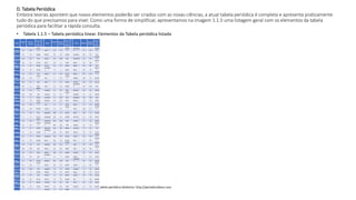 D. Tabela Periódica
Embora teorias apontem que novos elementos poderão ser criados com as novas ciências, a atual tabela periódica é completa e apresenta praticamente
tudo do que precisamos para viver. Como uma forma de simplificar, apresentamos na imagem 1.1.5 uma listagem geral com os elementos da tabela
periódica para facilitar a rápida consulta.
• Tabela 1.1.5 – Tabela periódica linear. Elementos da Tabela periódica listada
Principais elementos da tabela periódica atual. Para ver uma tabela periódica dinâmica: http://periodicvideos.com
Nome
Símbol
o
Número
Atomico
Númer
o de
Massa
Nome
Simbol
o
Número
Atomico
Númer
o de
Massa
Nome Símbolo
Número
Atomico
Númer
o de
Massa
Actínio Ac 89
227,02
8 Ouro Au 79
196,96
7
Praseodím
io Pr 59
140,90
8
Alumíni
o Al 13 26,982 Háfnio Hf 72 178,49 Promécio Pm 61 145
Ameríci
o Am 95 243 Hássio Hs 108 265 Protactínio Pa 91
231,03
6
Antimô
nio Sb 51 121,76 Hélio He 2 4,003 Rádio Ra 88
226,02
5
Árgon Ar 18 39,948 Hólmio Ho 67 164,93 Rádon Rn 86 222
Arsênic
o As 33 74,922
Hidrogêni
o H 1 1,0079 Rênio Re 75
186,20
7
Ástato At 85 210 Índium In 49 114,82 Ródio Rh 45
102,90
6
Bário Ba 56
137,32
7 Iodo I 53
126,90
5 Rubídio Rb 37 85,468
Berquél
io Bk 97 247 Irídio Ir 77 192,22 Rutênio Ru 44 101,07
Berílio Be 4 9,012 Ferro Fe 26 55,845
Rutherfórd
io Rf 104 261
Bismut
o Bi 83
208,98
0 Criptônio Kr 36 83,8 Samário Sm 62 150,36
Bóhrio Bh 107 262 Lantânio La 57
138,90
6 Escândio Sc 21 44,956
Boro B 5 10,811 Laurêncio Lr 103 262 Seabórgio Sg 106 263
Bromo Br 35 79,904 Chumbo Pb 82 207,2 Selênio Se 34 78,96
Cádmio Cd 48
112,41
1 Lítio Li 3 6,941 Silício Si 14 28,086
Cálcio Ca 20 40,078 Lutécio Lu 71
174,96
7 Prata Ag 47
107,86
8
Califórn
io Cf 98 251 Magnésio Mg 12 24,305 Sódio Na 11 22,990
Carbon
o C 6 12,011 Manganês Mn 25 54,938 Estrôncio Sr 38 87,62
Cério Ce 58
140,11
5 Meitnério Mt 109 266 Enxofre S 16 32,066
Césio Cs 55
132,90
5
Mendelévi
o Md 101 258 Tântalo Ta 73
180,94
8
Cloro Cl 17 35,453 Mercúrio Hg 80 200,59 Tecnécio Tc 43 98
Crômio Cr 24 51,996
Molibdêni
o Mo 42 95,94 Telúrio Te 52 127,6
Cobalto Co 27 58,933 Neodímio Nd 60 144,24 Térbio Tb 65
158,92
5
Cobre Cu 29 63,546 Neon Ne 10 20,180 Tálio Ti 81
204,38
3
Cúrio Cm 96 247 Neptúnio Np 93
237,04
8 Tório Th 90
232,03
8
Dubniu
m Db 105 262 Níquel Ni 28 58,69 Túlio Tm 69
168,93
4
Disprósi
o Dy 66 162,5 Nióbio Nb 41 92,906 Estanho Sn 50 118,71
Einstéin
io Es 99 252
Nitrogêni
o N 7 14,007 Titânio Ti 22 47,88
Érbio Er 68 167,26 Nobélio No 102 259
Tungstêni
o W 74 183,84
Europiu
m Eu 63
151,96
4 Ósmio Os 76 190,23 Urânio U 92
238,02
9
Fermiu
m Fm 100 257 Oxigênio O 8 15,999 Vanádio V 23 50,942
Flúor F 9 18,998 Paládio Pb 46 106,42 Xênon Xe 54 131,29
Frâncio Fr 87 223 Fósforo P 15 30,974 Itérbio Yb 70 173,04
Gadolín
io Gd 64 157,25 Platina Pt 78 195,08 Ítrio Y 39 88,906
Gálio Ga 31 69,723 Plutônio Pu 94 244 Zinco Zn 30 65,39
Germân
io Ge 32 72,61 Polônio Po 84 209 Zircônio Zr 40 91,224
Potássio K 19 39,098
 
