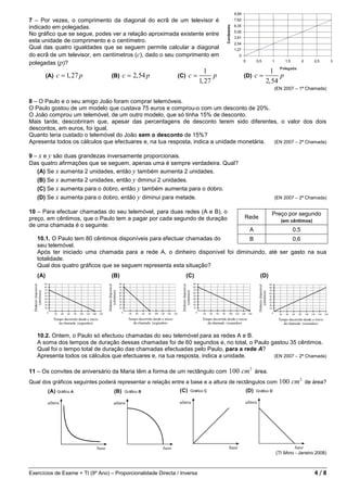 7 – Por vezes, o comprimento da diagonal do ecrã de um televisor é
indicado em polegadas.
No gráfico que se segue, podes ver a relação aproximada existente entre
esta unidade de comprimento e o centímetro.
Qual das quatro igualdades que se seguem permite calcular a diagonal
do ecrã de um televisor, em centímetros (c), dado o seu comprimento em
polegadas (p)?
                                                                            1                         1
         (A)   c = 1, 27 p        (B)   c = 2, 54 p           (C)   c=          p        (D)   c=         p
                                                                          1, 27                     2, 54
                                                                                                       (EN 2007 – 1ª Chamada)

8 – O Paulo e o seu amigo João foram comprar telemóveis.
O Paulo gostou de um modelo que custava 75 euros e comprou-o com um desconto de 20%.
O João comprou um telemóvel, de um outro modelo, que só tinha 15% de desconto.
Mais tarde, descobriram que, apesar das percentagens de desconto terem sido diferentes, o valor dos dois
descontos, em euros, foi igual.
Quanto teria custado o telemóvel do João sem o desconto de 15%?
Apresenta todos os cálculos que efectuares e, na tua resposta, indica a unidade monetária. (EN 2007 – 2ª Chamada)


9 – x e y são duas grandezas inversamente proporcionais.
Das quatro afirmações que se seguem, apenas uma é sempre verdadeira. Qual?
   (A) Se x aumenta 2 unidades, então y também aumenta 2 unidades.
   (B) Se x aumenta 2 unidades, então y diminui 2 unidades.
   (C) Se x aumenta para o dobro, então y também aumenta para o dobro.
   (D) Se x aumenta para o dobro, então y diminui para metade.                                         (EN 2007 – 2ª Chamada)


10 – Para efectuar chamadas do seu telemóvel, para duas redes (A e B), o                              Preço por segundo
preço, em cêntimos, que o Paulo tem a pagar por cada segundo de duração                  Rede
                                                                                                         (em cêntimos)
de uma chamada é o seguinte:
                                                                                           A                  0,5
   10.1. O Paulo tem 80 cêntimos disponíveis para efectuar chamadas do         B               0,6
   seu telemóvel.
   Após ter iniciado uma chamada para a rede A, o dinheiro disponível foi diminuindo, até ser gasto na sua
   totalidade.
   Qual dos quatro gráficos que se seguem representa esta situação?
   (A)                            (B)                               (C)                         (D)




   10.2. Ontem, o Paulo só efectuou chamadas do seu telemóvel para as redes A e B.
   A soma dos tempos de duração dessas chamadas foi de 60 segundos e, no total, o Paulo gastou 35 cêntimos.
   Qual foi o tempo total de duração das chamadas efectuadas pelo Paulo, para a rede A?
   Apresenta todos os cálculos que efectuares e, na tua resposta, indica a unidade.      (EN 2007 – 2ª Chamada)


11 – Os convites de aniversário da Maria têm a forma de um rectângulo com           100 cm 2 área.
Qual dos gráficos seguintes poderá representar a relação entre a base e a altura de rectângulos com      100 cm 2   de área?




                                                                                                       (TI 9Ano - Janeiro 2008)



Exercícios de Exame + TI (9º Ano) – Proporcionalidade Directa / Inversa                                                  4/8
 