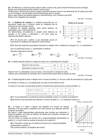 20 – Em Moscovo, a Susana guardou alguns rublos, moeda russa, para comprar lembranças para os amigos.
Decidiu que as lembranças teriam todas o mesmo preço.
Verificou que o dinheiro que guardou chegava exactamente para comprar uma lembrança de 35 rublos para cada
um de 18 amigos, mas ela queria comprar lembranças para 21 amigos.
Qual o valor máximo que poderia pagar por cada lembrança, com o dinheiro que tinha?
Mostra como chegaste à tua resposta.
                                                                                                       (EN 2009 –1ª Chamada)

21 – A distância de reacção é a distância percorrida por um
automóvel, desde que o condutor avista um obstáculo até ao
momento em que começa a travar.
A distância de reacção depende, entre outros factores, da
velocidade a que o automóvel circula.
Em determinadas circunstâncias, a relação entre distância de
reacção, d, em metros, e velocidade, v, em km/h, pode ser
traduzida pelo gráfico seguinte.

   21.1. De acordo com o gráfico, a que velocidade circula um
   automóvel se a distância de reacção for de 60 metros?

   21.2. Qual das seguintes expressões representa a relação entre a distância de reacção             (d ) e a velocidade a
   que um automóvel circula (v), apresentada no gráfico?
   Assinala a alternativa correcta.
                 10                          100                           3                         3
      (A)   d=      v             (B)   d=       v            (C)   d=        v          (D)   d=      v
                  3                           3                           100                       10
                                                                                                       (EN 2009 –2ª Chamada)

22 – A tabela seguinte relaciona o ângulo de visão com a velocidade de condução.




Quanto maior é a velocidade a que se conduz, mais reduzido é o ângulo de visão.
Justifica que a velocidade de condução não é inversamente proporcional ao ângulo de visão.
                                                                                                       (EN 2009 –2ª Chamada)


23 – A tabela seguinte mostra a relação entre o número de fatias          (n) em que o bolo de aniversário do Jorge pode
ser dividido e a massa (p), em quilogramas, de cada uma das fatias do bolo.
A massa (p) de cada uma das fatias de bolo é inversamente proporcional ao número de fatias (n).




   23.1. O que representa a constante de proporcionalidade inversa, no contexto do problema?
   23.2. Escreve uma expressão que relacione o número de fatias (n           ) e a respectiva massa (p).
                                                                                                     (TI 9Ano - Fevereiro 2010)


24 – O Carlos e o irmão, o Daniel, vão trabalhar num arraial, em bancas
diferentes. Por essa tarefa, receberão uma certa quantia, que depende somente
do tempo de trabalho.
Na Figura 3, estão representadas graficamente duas funções que relacionam o
tempo de trabalho, em horas, do Carlos e do Daniel com a quantia a receber por
cada um deles, em euros.
Um dos irmãos vai receber de acordo com a proporcionalidade representada no
gráfico A, e o outro irmão vai receber de acordo com o gráfico B.
   24.1. Considera o irmão que vai receber de acordo com a proporcionalidade
   representada no gráfico A.
   Que quantia receberá, se trabalhar seis horas?


Exercícios de Exame + TI (9º Ano) – Proporcionalidade Directa / Inversa                                                  7/8
 