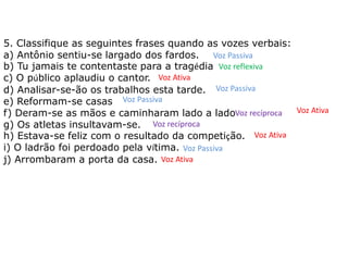 5. Classifique as seguintes frases quando as vozes verbais:
a) Antônio sentiu-se largado dos fardos.
b) Tu jamais te contentaste para a tragédia
c) O público aplaudiu o cantor.
d) Analisar-se-ão os trabalhos esta tarde.
e) Reformam-se casas
f) Deram-se as mãos e caminharam lado a lado
g) Os atletas insultavam-se.
h) Estava-se feliz com o resultado da competição.
i) O ladrão foi perdoado pela vítima.
j) Arrombaram a porta da casa.
Voz Ativa
Voz Passiva
Voz Ativa
Voz Ativa
Voz Ativa
Voz Passiva
Voz Passiva
Voz Passiva
Voz reflexiva
Voz recíproca
Voz recíproca
 