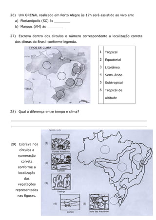 26) Um GRENAL realizado em Porto Alegre às 17h será assistido ao vivo em:
a) Florianópolis (SC) às ________
b) Manaus (AM) às ________
27) Escreva dentro dos círculos o número correspondente a localização correta
dos climas do Brasil conforme legenda.
1
2
3
4
5
6
Tropical
Equatorial
Litorâneo
Semi-árido
Subtropical
Tropical de
altitude
28) Qual a diferença entre tempo e clima?
29) Escreva nos
círculos a
numeração
correta
conforme a
localização
das
vegetações
representadas
nas figuras.
 