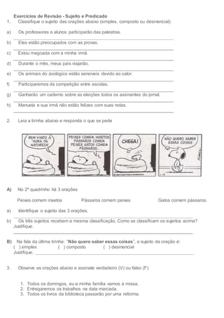 Exercicios Tipos de Sujeitos, PDF, Assunto (gramática)