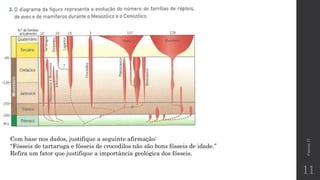 Correia17
11
Com base nos dados, justifique a seguinte afirmação:
“Fósseis de tartaruga e fósseis de crocodilos não são bons fósseis de idade.”
Refira um fator que justifique a importância geológica dos fósseis.
 