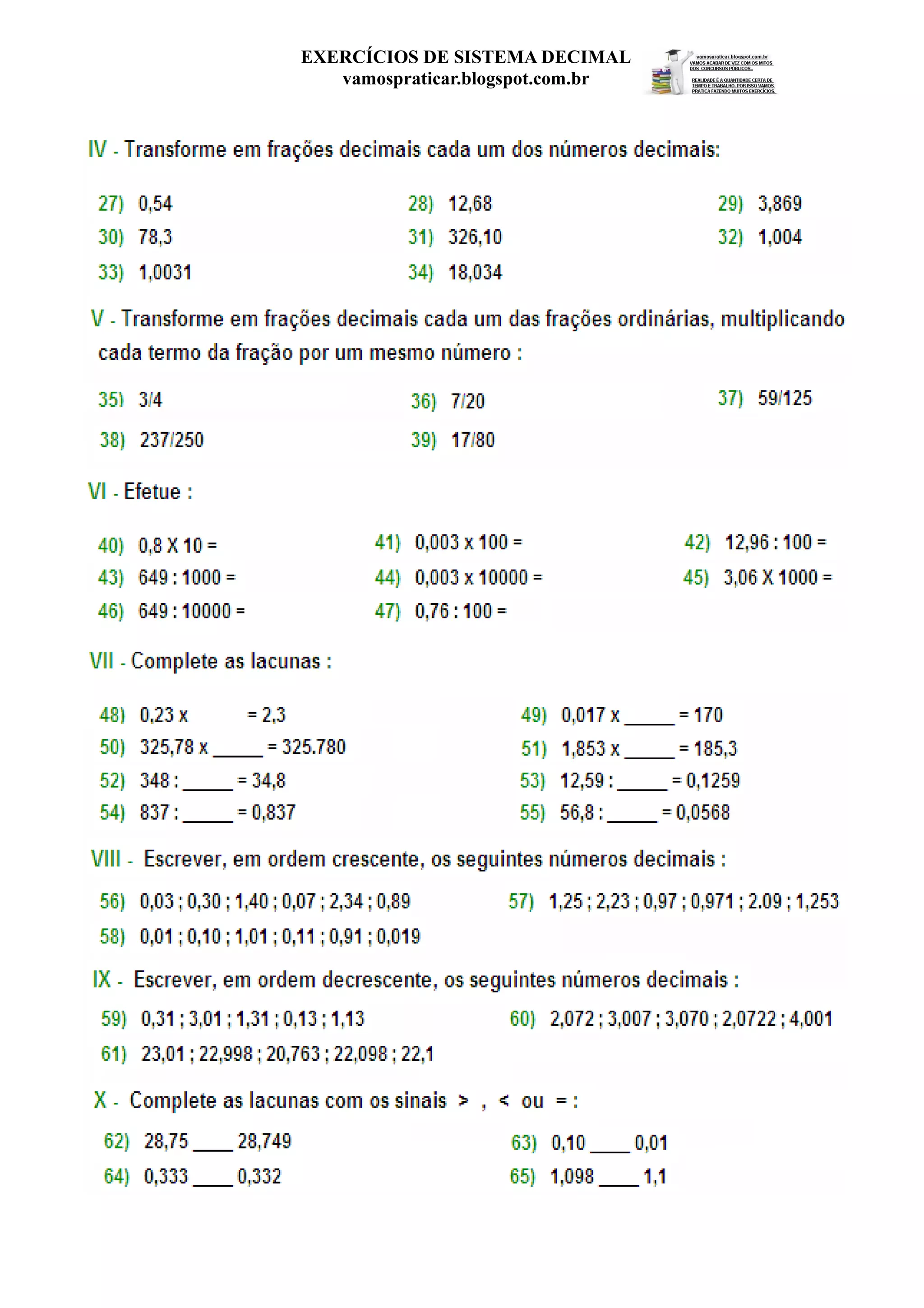 Exercícios de sistema decimal profrssor | PDF