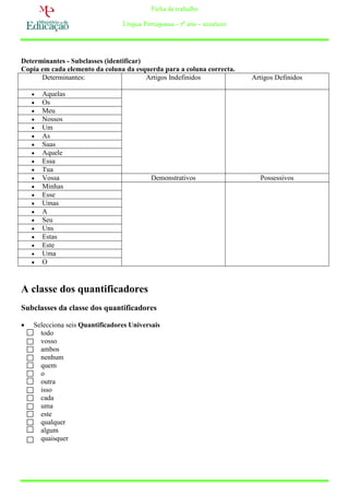 Ficha de trabalho

                                 Língua Portuguesa – 7º ano – 2010/2011




Determinantes - Subclasses (identificar)
Copia em cada elemento da coluna da esquerda para a coluna correcta.
      Determinantes:                     Artigos Indefinidos              Artigos Definidos

       Aquelas
       Os
       Meu
       Nossos
       Um
       As
       Suas
       Aquele
       Essa
       Tua
       Vossa                              Demonstrativos                   Possessivos
       Minhas
       Esse
       Umas
       A
       Seu
       Uns
       Estas
       Este
       Uma
       O


A classe dos quantificadores
Subclasses da classe dos quantificadores

   Selecciona seis Quantificadores Universais
      todo
      vosso
      ambos
      nenhum
      quem
      o
      outra
      isso
      cada
      uma
      este
      qualquer
      algum
      quaisquer
 