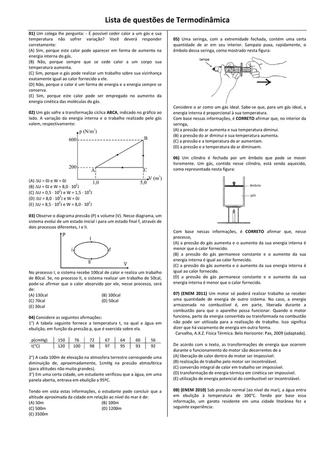 Exercícios de termodinâmica 01 | PDF