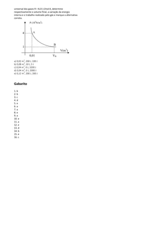 universal dos gases R = 8,31 J/mol.K, determine
respectivamente o volume final, a variação da energia
interna e o trabalho realizado pelo gás e marque a alternativa
correta.
a) 0,02 m
3
, 200 J, 100 J
b) 0,08 m
3
, 10 J, 5 J
c) 0,04 m
3
, 0 J, 3200 J
d) 0,04 m
3
, 0 J, 2000 J
e) 0,12 m
3
, 200 J, 200 J
Gabarito
1. b
2. b
3. c
4. d
5. e
6. a
7. a
8. e
9. a
10. e
11. a
12. e
13. d
14. b
15. e
16. c
P (105
N/m2
)
V(m3
)
A
B
4
1
0,01 VB
 