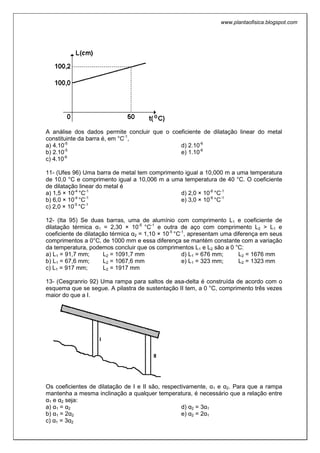www.plantaofisica.blogspot.com
A análise dos dados permite concluir que o coeficiente de dilatação linear do metal
constituinte da barra é, em °C-1
,
a) 4.10-5
b) 2.10-5
c) 4.10-6
d) 2.10-6
e) 1.10-6
11- (Ufes 96) Uma barra de metal tem comprimento igual a 10,000 m a uma temperatura
de 10,0 °C e comprimento igual a 10,006 m a uma temperatura de 40 °C. O coeficiente
de dilatação linear do metal é
a) 1,5 × 10-4
°C-1
b) 6,0 × 10-4
°C-1
c) 2,0 × 10-5
°C-1
d) 2,0 × 10-6
°C-1
e) 3,0 × 10-6
°C-1
12- (Ita 95) Se duas barras, uma de alumínio com comprimento L1 e coeficiente de
dilatação térmica α1 = 2,30 × 10-5
°C-1
e outra de aço com comprimento L2 > L1 e
coeficiente de dilatação térmica α2 = 1,10 × 10-5
°C-1
, apresentam uma diferença em seus
comprimentos a 0°C, de 1000 mm e essa diferença se mantém constante com a variação
da temperatura, podemos concluir que os comprimentos L1 e L2 são a 0 °C:
a) L1 = 91,7 mm; L2 = 1091,7 mm
b) L1 = 67,6 mm; L2 = 1067,6 mm
c) L1 = 917 mm; L2 = 1917 mm
d) L1 = 676 mm; L2 = 1676 mm
e) L1 = 323 mm; L2 = 1323 mm
13- (Cesgranrio 92) Uma rampa para saltos de asa-delta é construída de acordo com o
esquema que se segue. A pilastra de sustentação II tem, a 0 °C, comprimento três vezes
maior do que a I.
Os coeficientes de dilatação de I e II são, respectivamente, α1 e α2. Para que a rampa
mantenha a mesma inclinação a qualquer temperatura, é necessário que a relação entre
α1 e α2 seja:
a) α1 = α2
b) α1 = 2α2
c) α1 = 3α2
d) α2 = 3α1
e) α2 = 2α1
 