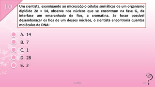Um cientista, examinando ao microscópio células somáticas de um organismo
diplóide 2n = 14, observa nos núcleos que se encontram na fase G1 da
interfase um emaranhado de fios, a cromatina. Se fosse possível
desembaraçar os fios de um desses núcleos, o cientista encontraria quantas
moléculas de DNA:

A. 14
B. 7
C. 1
D. 28
E. 2


                                IL 2011                                  12
 