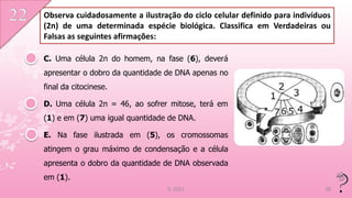 Observa cuidadosamente a ilustração do ciclo celular definido para indivíduos
(2n) de uma determinada espécie biológica. Classifica em Verdadeiras ou
Falsas as seguintes afirmações:

C. Uma célula 2n do homem, na fase (6), deverá
apresentar o dobro da quantidade de DNA apenas no
final da citocinese.

D. Uma célula 2n = 46, ao sofrer mitose, terá em
(1) e em (7) uma igual quantidade de DNA.

E. Na fase ilustrada em (5), os cromossomas
atingem o grau máximo de condensação e a célula
apresenta o dobro da quantidade de DNA observada
em (1).
                                 IL 2011                                   26
 