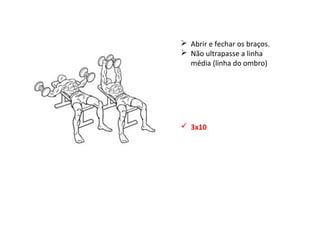  Abrir e fechar os braços.
 Não ultrapasse a linha
média (linha do ombro)
 3x10
 