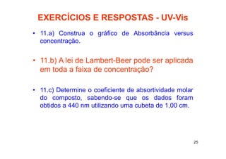 25
EXERCÍCIOS E RESPOSTAS - UV-Vis
• 11.a) Construa o gráfico de Absorbância versus
concentração.
• 11.b) A lei de Lambert-Beer pode ser aplicada
em toda a faixa de concentração?
• 11.c) Determine o coeficiente de absortividade molar
do composto, sabendo-se que os dados foram
obtidos a 440 nm utilizando uma cubeta de 1,00 cm.
 