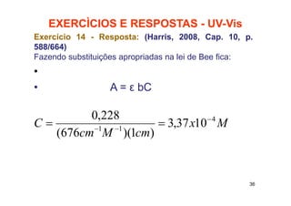 EXERCÌCIOS E RESPOSTAS - UV-Vis
Exercício 14 - Resposta: (Harris, 2008, Cap. 10, p.
588/664)
Fazendo substituições apropriadas na lei de Bee fica:
•
• A = ε bC
36
M
x
cm
M
cm
C 4
1
1
10
37
,
3
)
1
)(
676
(
228
,
0 




 