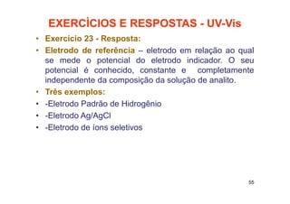 EXERCÌCIOS E RESPOSTAS - UV-Vis
• Exercício 23 - Resposta:
• Eletrodo de referência – eletrodo em relação ao qual
se mede o potencial do eletrodo indicador. O seu
potencial é conhecido, constante e completamente
independente da composição da solução de analito.
• Três exemplos:
• -Eletrodo Padrão de Hidrogênio
• -Eletrodo Ag/AgCl
• -Eletrodo de íons seletivos
55
 