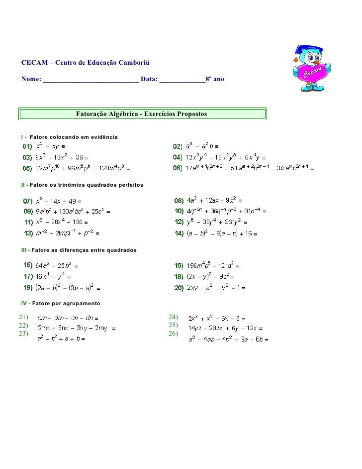 Exercicios De Matematica Sobre Fatoração De Polinomios