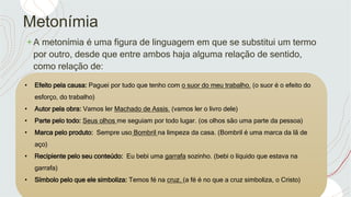 Metonímia
+A metonímia é uma figura de linguagem em que se substitui um termo
por outro, desde que entre ambos haja alguma relação de sentido,
como relação de:
• Efeito pela causa: Paguei por tudo que tenho com o suor do meu trabalho. (o suor é o efeito do
esforço, do trabalho)
• Autor pela obra: Vamos ler Machado de Assis. (vamos ler o livro dele)
• Parte pelo todo: Seus olhos me seguiam por todo lugar. (os olhos são uma parte da pessoa)
• Marca pelo produto: Sempre uso Bombril na limpeza da casa. (Bombril é uma marca da lã de
aço)
• Recipiente pelo seu conteúdo: Eu bebi uma garrafa sozinho. (bebi o líquido que estava na
garrafa)
• Símbolo pelo que ele simboliza: Temos fé na cruz. (a fé é no que a cruz simboliza, o Cristo)
 
