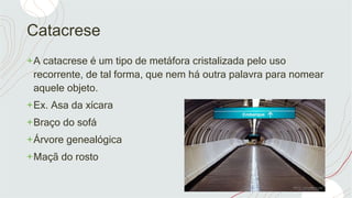 Catacrese
+A catacrese é um tipo de metáfora cristalizada pelo uso
recorrente, de tal forma, que nem há outra palavra para nomear
aquele objeto.
+Ex. Asa da xícara
+Braço do sofá
+Árvore genealógica
+Maçã do rosto
 