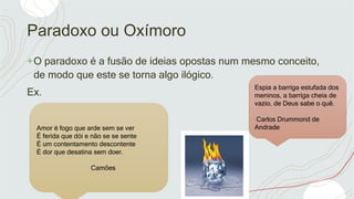 Paradoxo ou Oxímoro
+O paradoxo é a fusão de ideias opostas num mesmo conceito,
de modo que este se torna algo ilógico.
Ex.
Espia a barriga estufada dos
meninos, a barriga cheia de
vazio, de Deus sabe o quê.
Carlos Drummond de
Andrade
Amor é fogo que arde sem se ver
É ferida que dói e não se se sente
É um contentamento descontente
É dor que desatina sem doer.
Camões
 