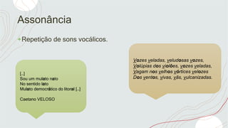 Assonância
+Repetição de sons vocálicos.
Vozes veladas, veludosas vozes,
Volúpias dos violões, vozes veladas,
Vagam nos velhos vórtices velozes
Dos ventos, vivas, vãs, vulcanizadas.
[…]
Sou um mulato nato
No sentido lato
Mulato democrático do litoral […]
Caetano VELOSO
 